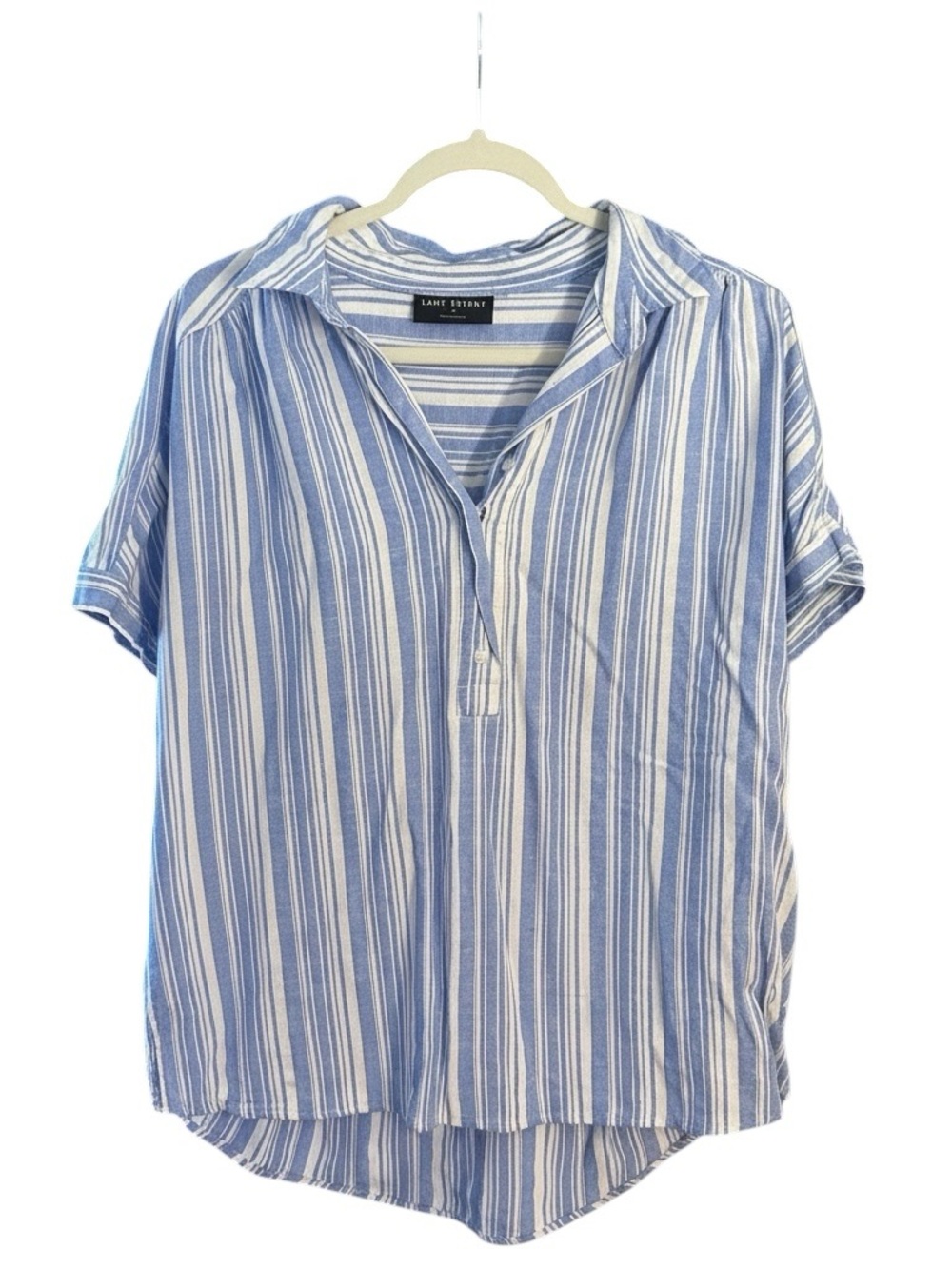 Lane Bryant Blue and White Vertical Stripe Short-Sleeve Button Popover Shirt